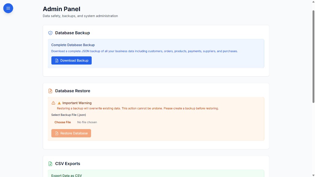 BOOM admin panel showing a complete database backup download covering customers, orders, products, payments, suppliers and purchases, and a database restore option