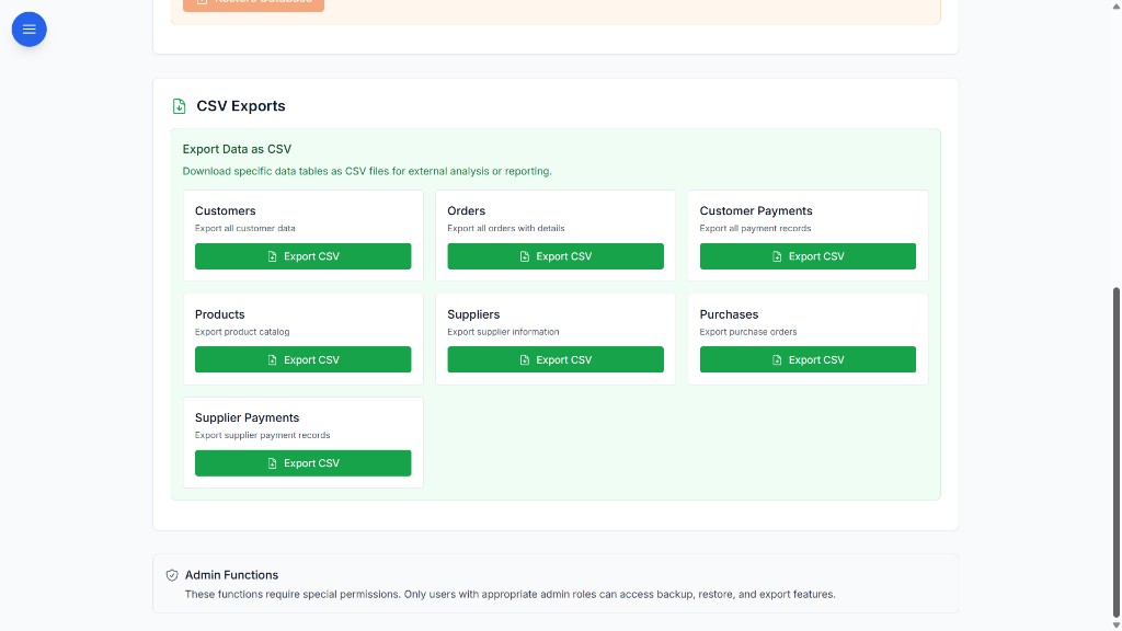 BOOM admin CSV exports for customers, orders, products, suppliers, and payments