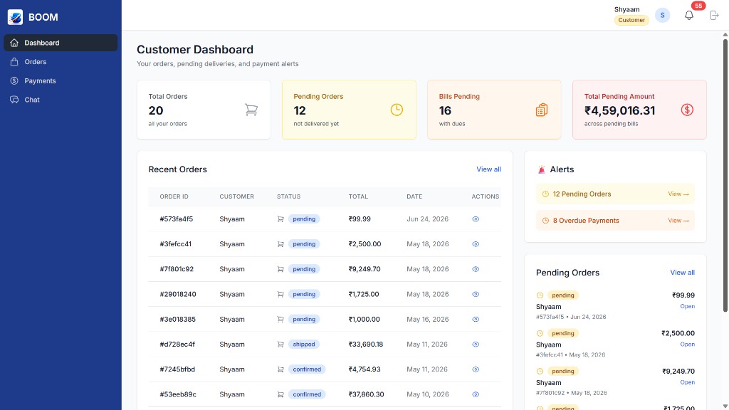 BOOM customer portal dashboard with scoped orders, payments, and alerts