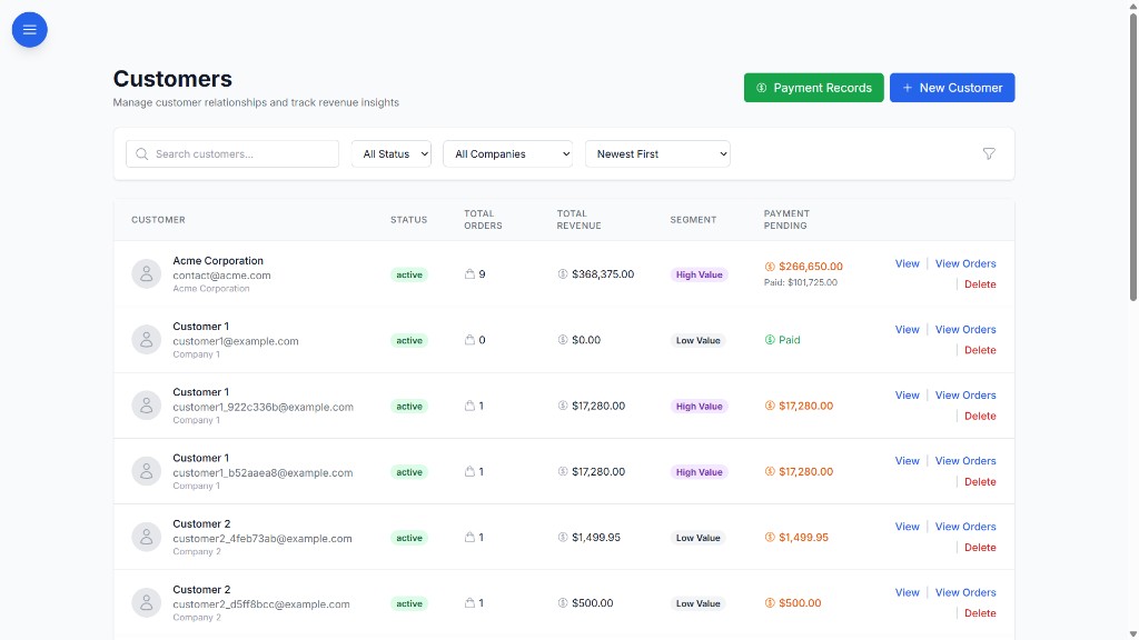 BOOM customers module with revenue tracking, segments, and payment status