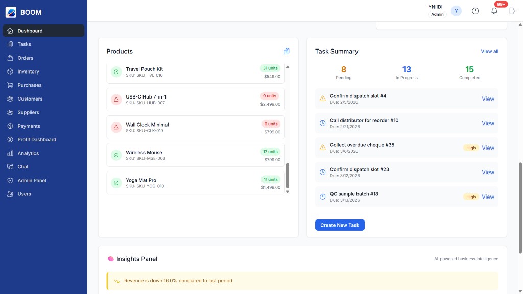 BOOM products, task summary, and insights panel