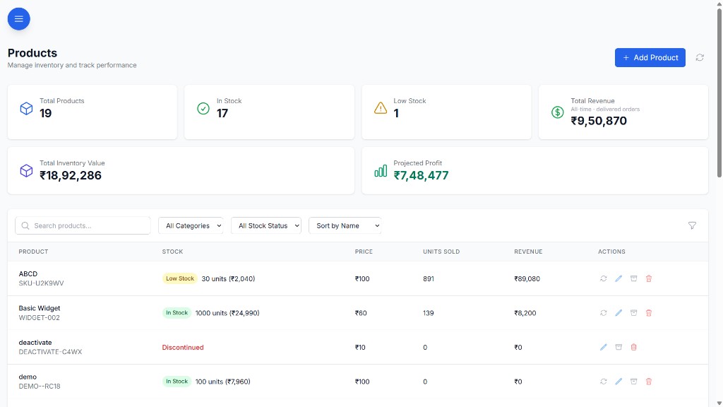 BOOM inventory screen with SKU-level stock, categories and low-stock alerts