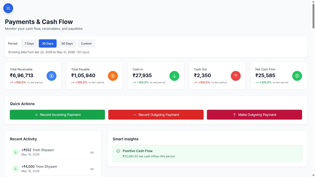 BOOM payments screen showing customer payments recorded against orders, partial payments, transaction references and pending dues